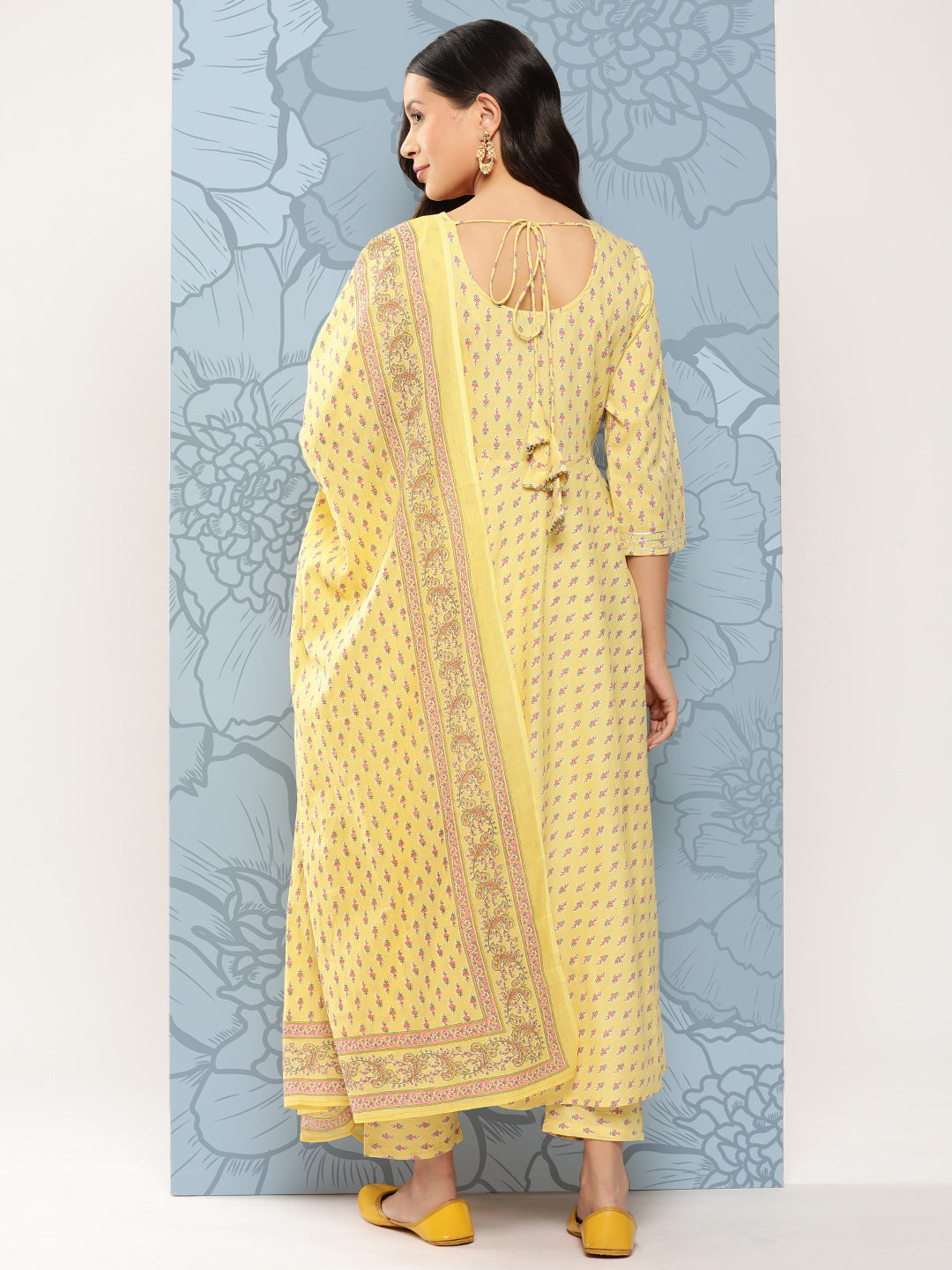 Yellow Ethnic Printed Anarkali Kurta With Trouser And Dupatta