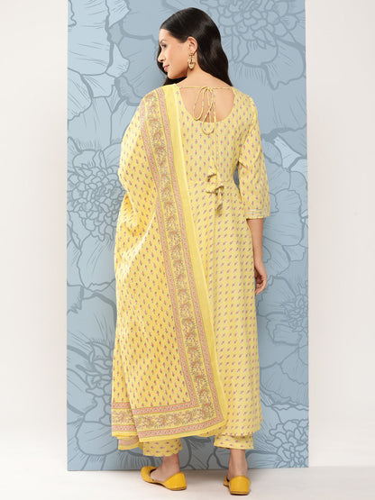 Yellow Ethnic Printed Anarkali Kurta With Trouser And Dupatta