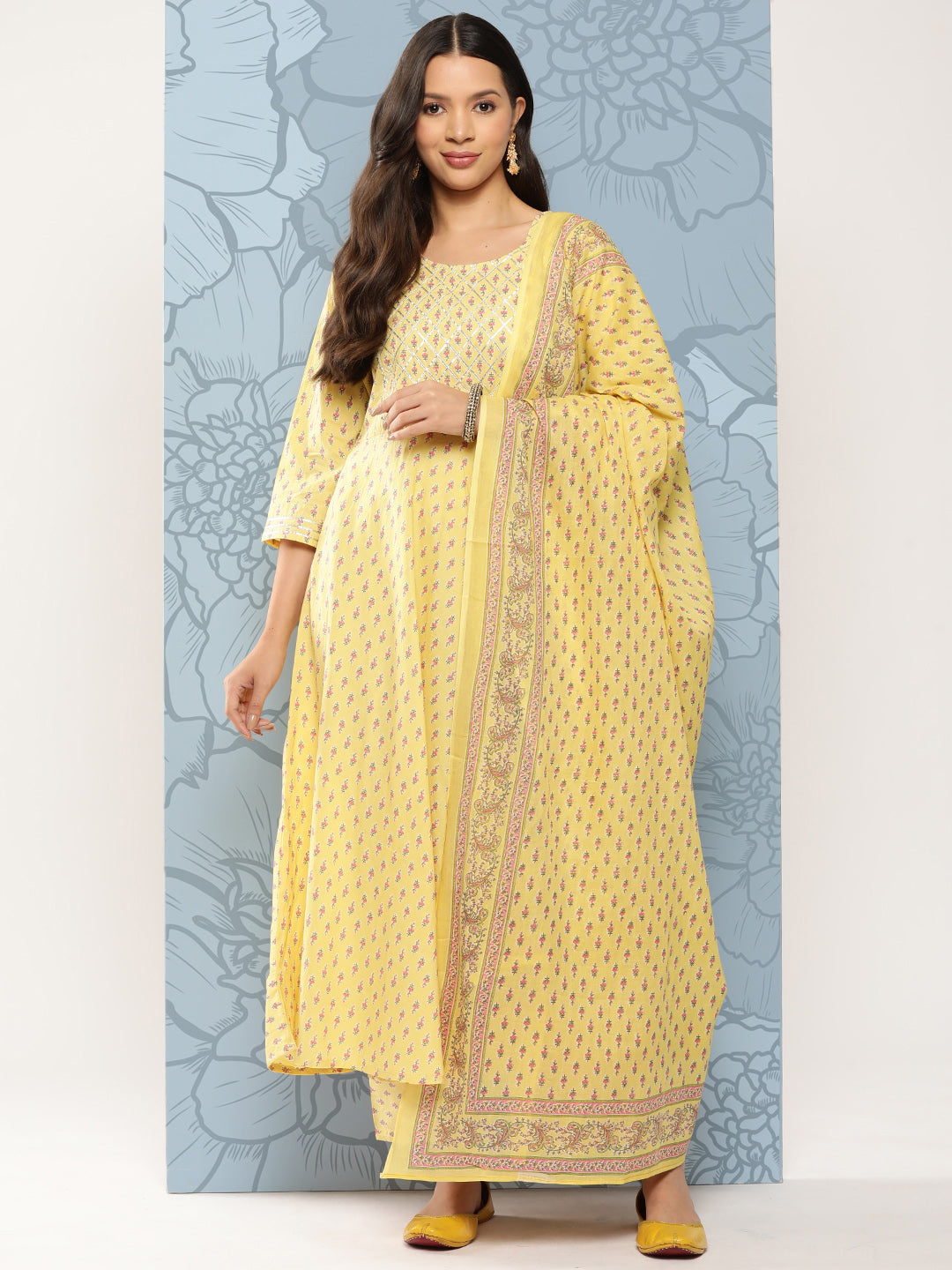 Yellow Ethnic Printed Anarkali Kurta With Trouser And Dupatta