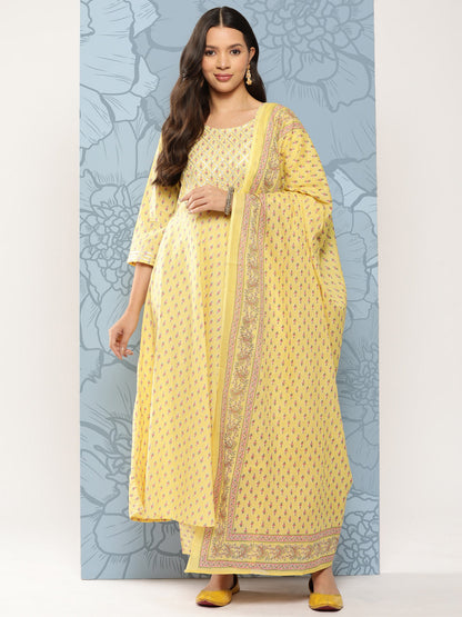 Yellow Ethnic Printed Anarkali Kurta With Trouser And Dupatta