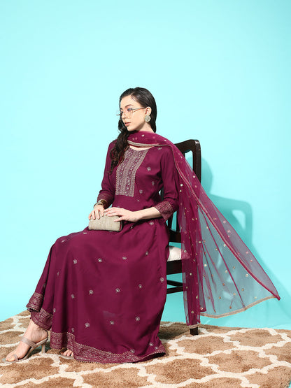 Burgundy Embroidered Anarkali Kurta With Trouser And Dupatta