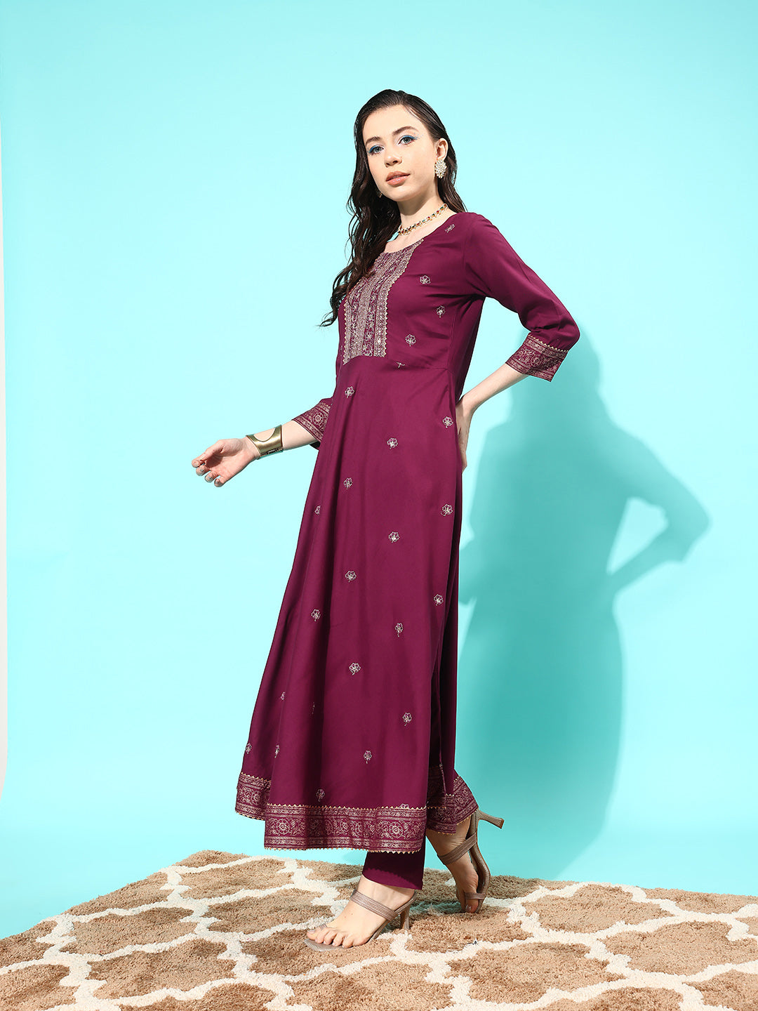Burgundy Embroidered Anarkali Kurta With Trouser And Dupatta