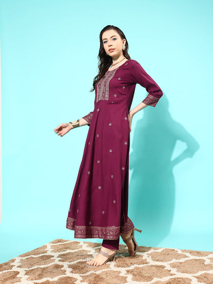 Burgundy Embroidered Anarkali Kurta With Trouser And Dupatta