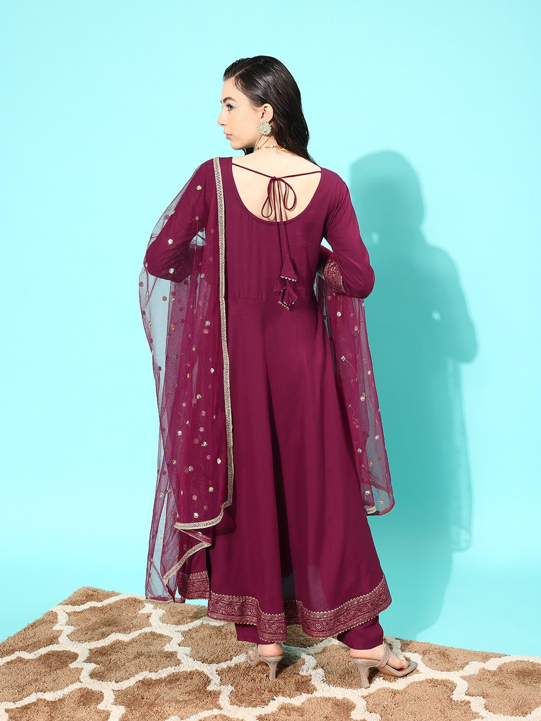 Burgundy Embroidered Anarkali Kurta With Trouser And Dupatta