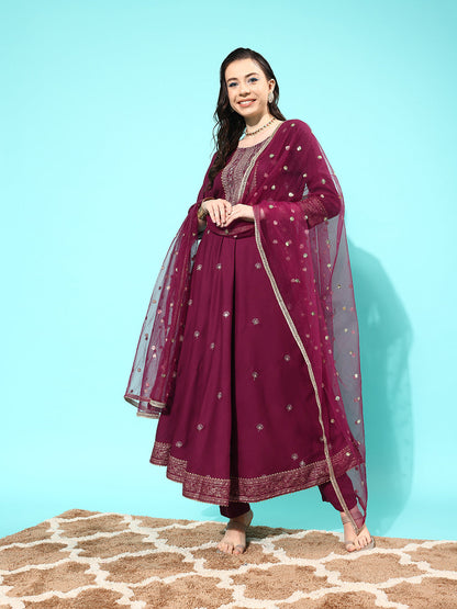 Burgundy Embroidered Anarkali Kurta With Trouser And Dupatta