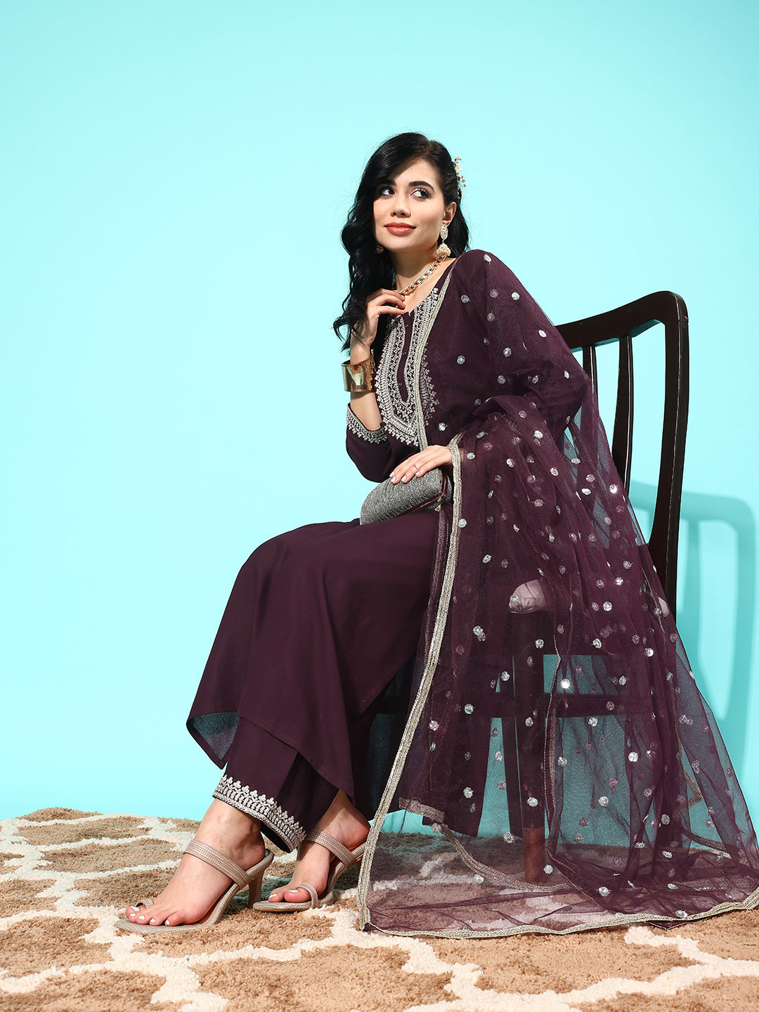 Dark Purple Embroidered Straight Kurta With Palazzo And Net Dupatta