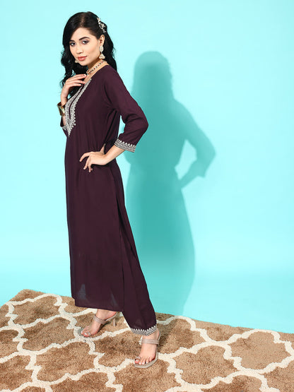 Dark Purple Embroidered Straight Kurta With Palazzo And Net Dupatta