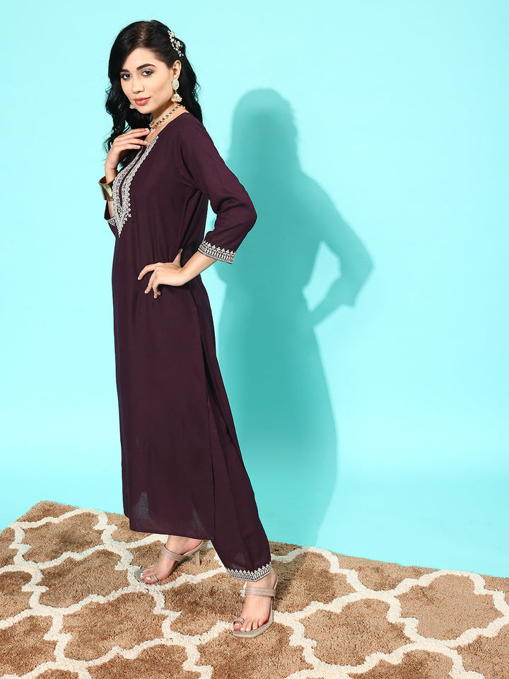 Dark Purple Embroidered Straight Kurta With Palazzo And Net Dupatta