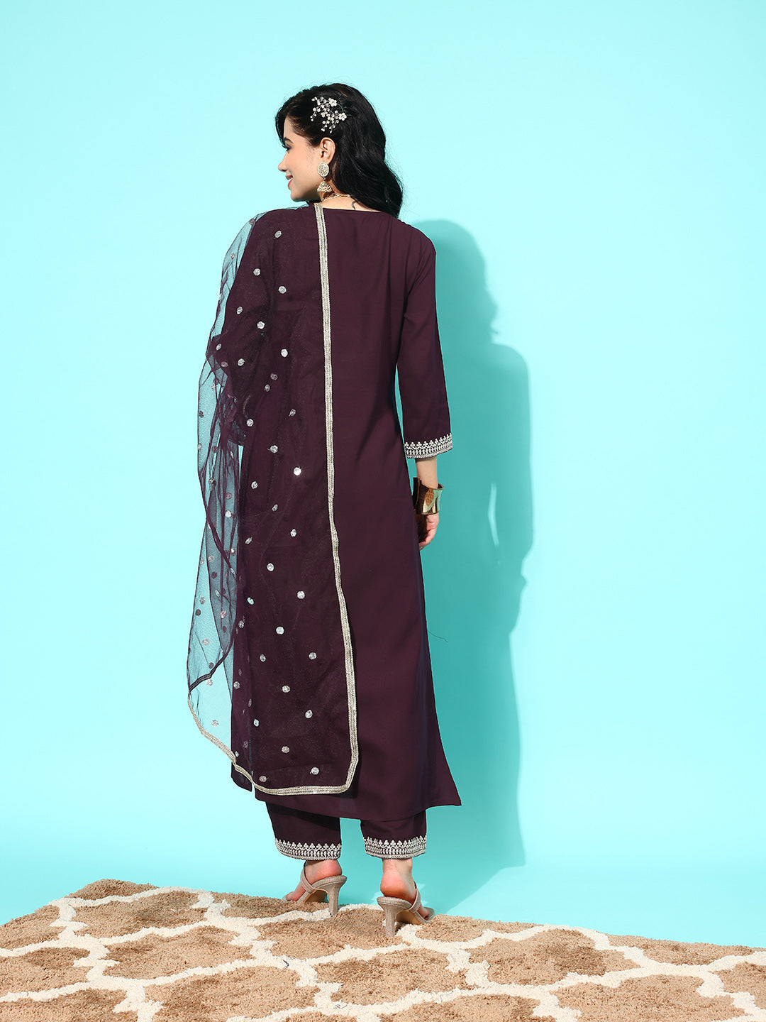 Dark Purple Embroidered Straight Kurta With Palazzo And Net Dupatta