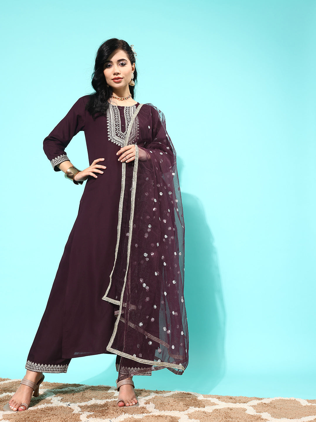 Dark Purple Embroidered Straight Kurta With Palazzo And Net Dupatta