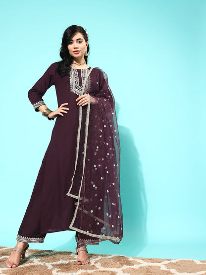 Dark Purple Embroidered Straight Kurta With Palazzo And Net Dupatta