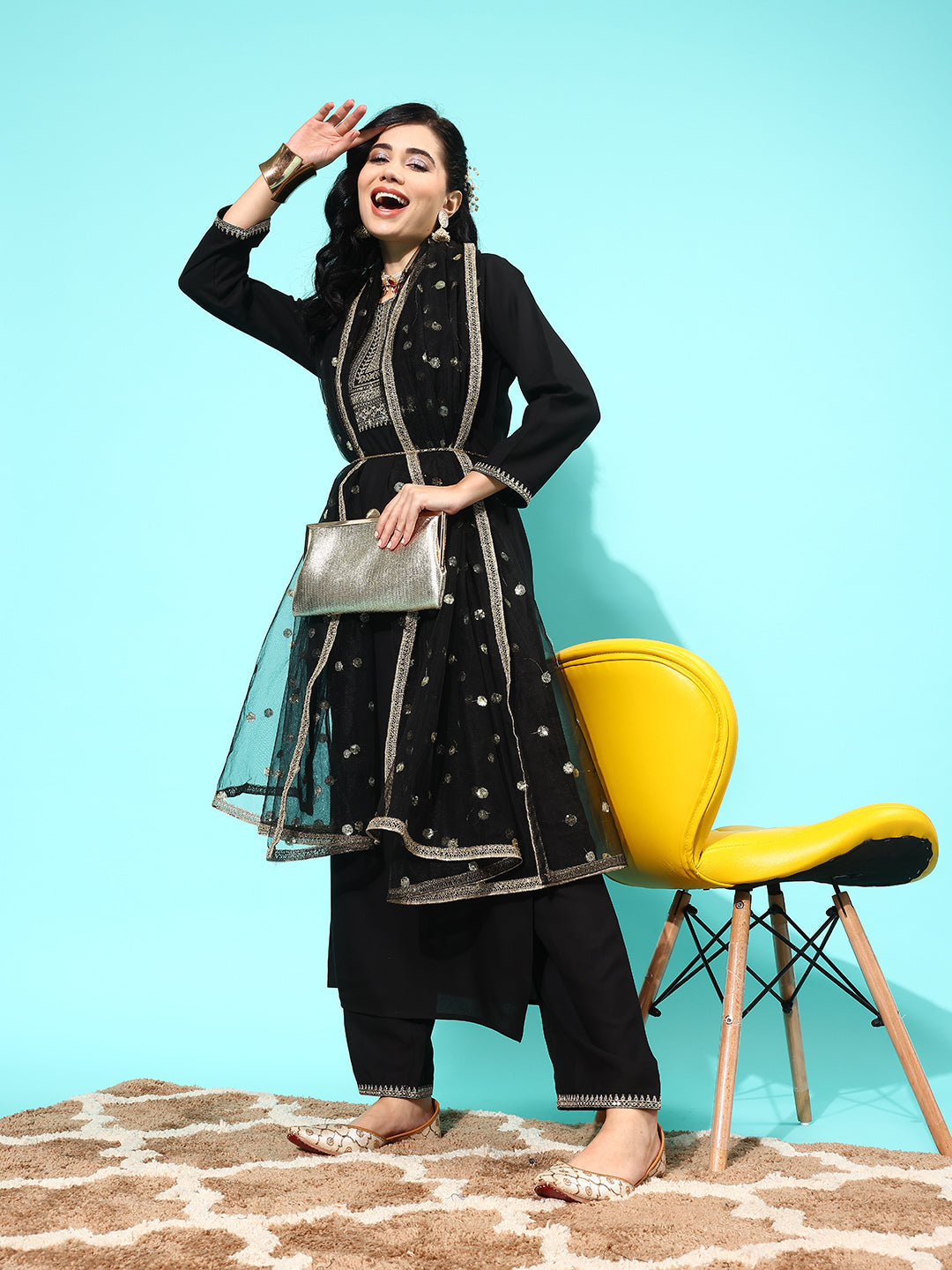 Black Embroidered Straight Kurta With Palazzo And Net Dupatta