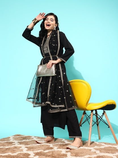 Black Embroidered Straight Kurta With Palazzo And Net Dupatta