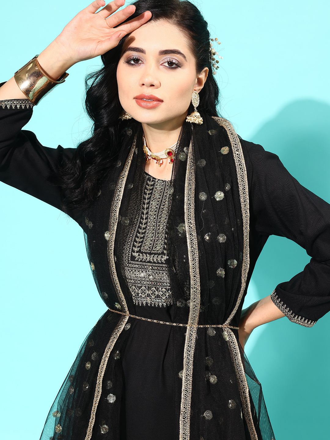 Black Embroidered Straight Kurta With Palazzo And Net Dupatta