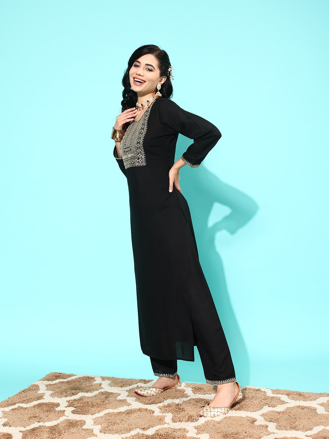 Black Embroidered Straight Kurta With Palazzo And Net Dupatta