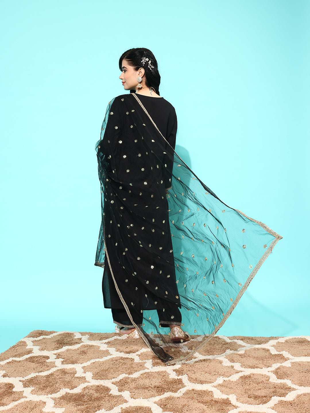 Black Embroidered Straight Kurta With Palazzo And Net Dupatta