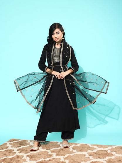 Black Embroidered Straight Kurta With Palazzo And Net Dupatta
