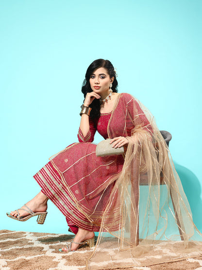 Maroon Printed Anarkali Kurta With Trouser And Dupatta
