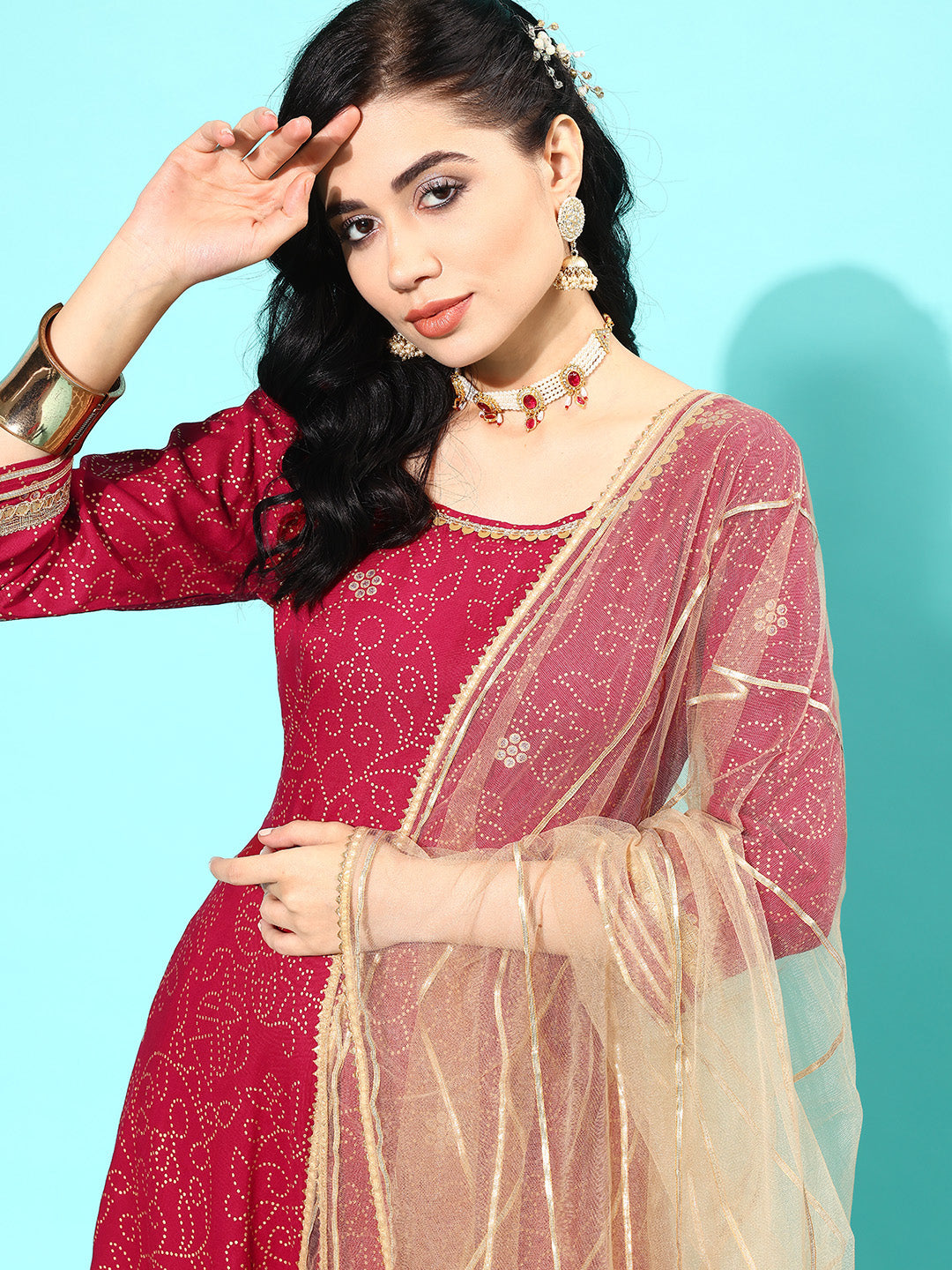 Maroon Printed Anarkali Kurta With Trouser And Dupatta