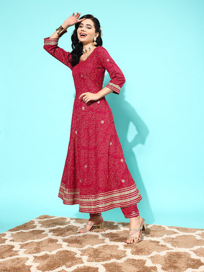 Maroon Printed Anarkali Kurta With Trouser And Dupatta
