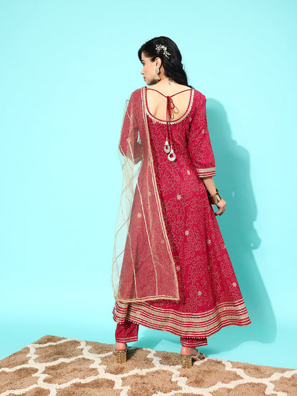 Maroon Printed Anarkali Kurta With Trouser And Dupatta