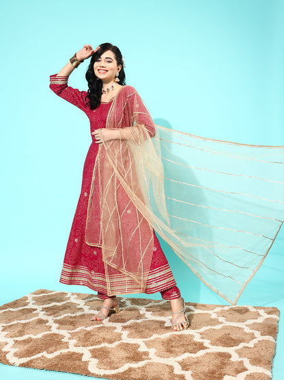 Maroon Printed Anarkali Kurta With Trouser And Dupatta