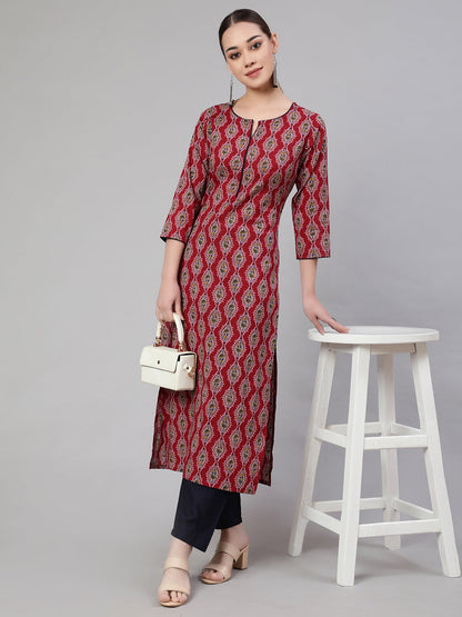 Maroon Ethnic Printed Straight Kurta With Trouser