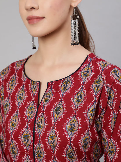Maroon Ethnic Printed Straight Kurta With Trouser