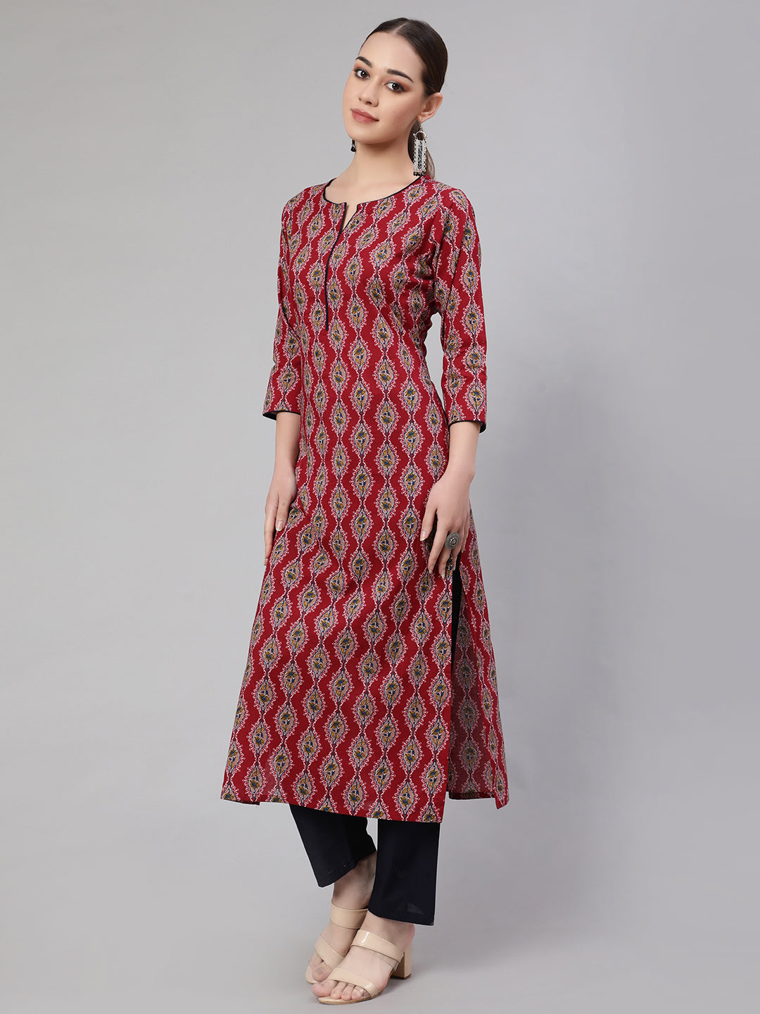 Maroon Ethnic Printed Straight Kurta With Trouser
