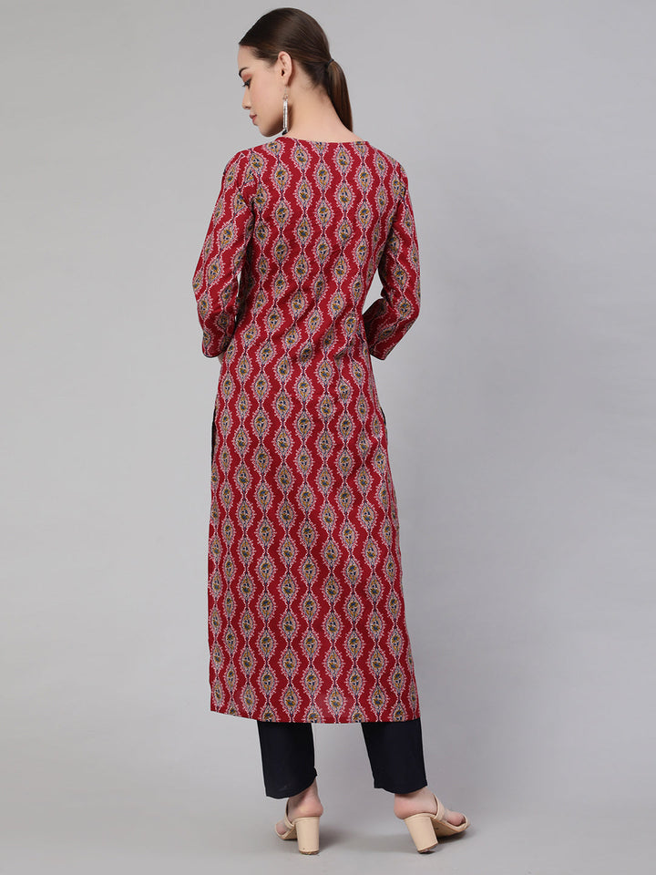 Maroon Ethnic Printed Straight Kurta With Trouser