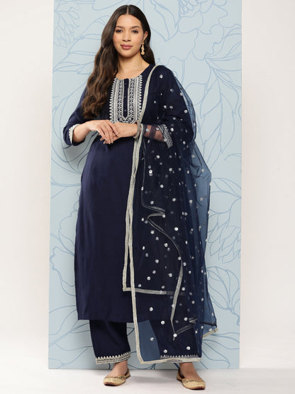 Navy Blue Embroidered Straight Kurta With Palazzo And Net Dupatta