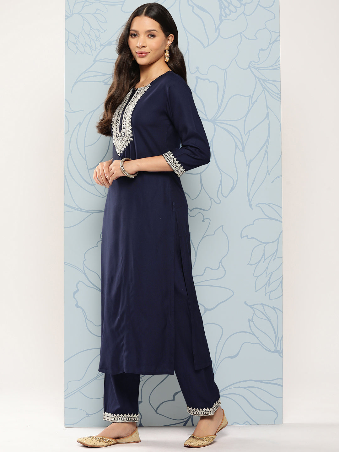 Navy Blue Embroidered Straight Kurta With Palazzo And Net Dupatta