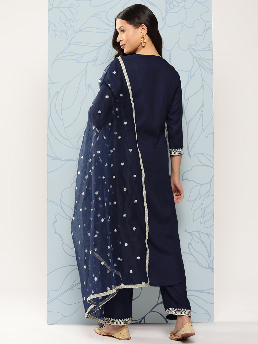 Navy Blue Embroidered Straight Kurta With Palazzo And Net Dupatta