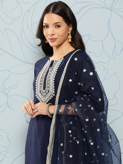 Navy Blue Embroidered Straight Kurta With Palazzo And Net Dupatta