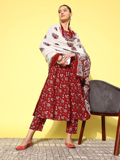 Maroon Printed Anarkali Kurta With Trouser And Dupatta