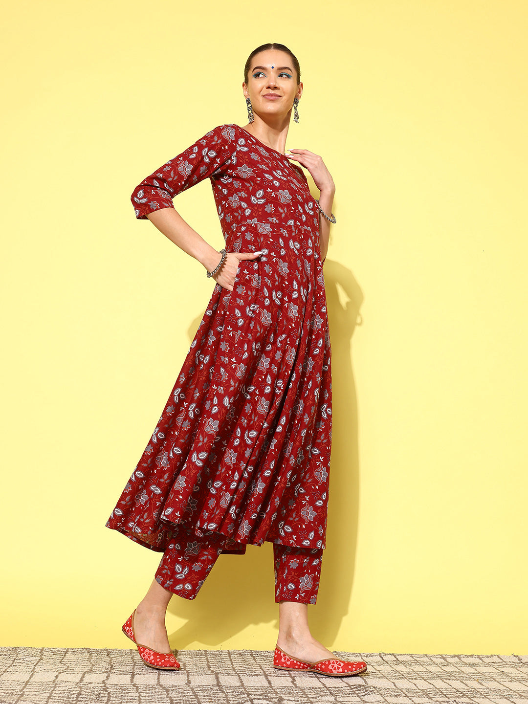 Maroon Printed Anarkali Kurta With Trouser And Dupatta