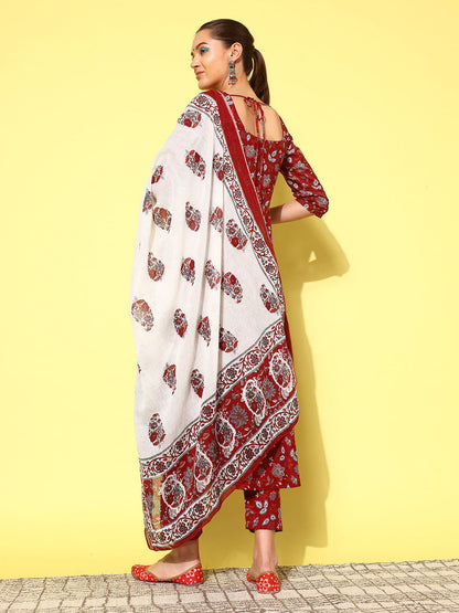 Maroon Printed Anarkali Kurta With Trouser And Dupatta