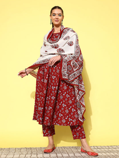 Maroon Printed Anarkali Kurta With Trouser And Dupatta