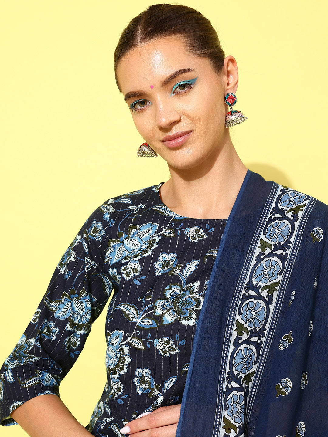 Indigo Blue Floral Printed Flared Kurta With Trouser And Dupatta
