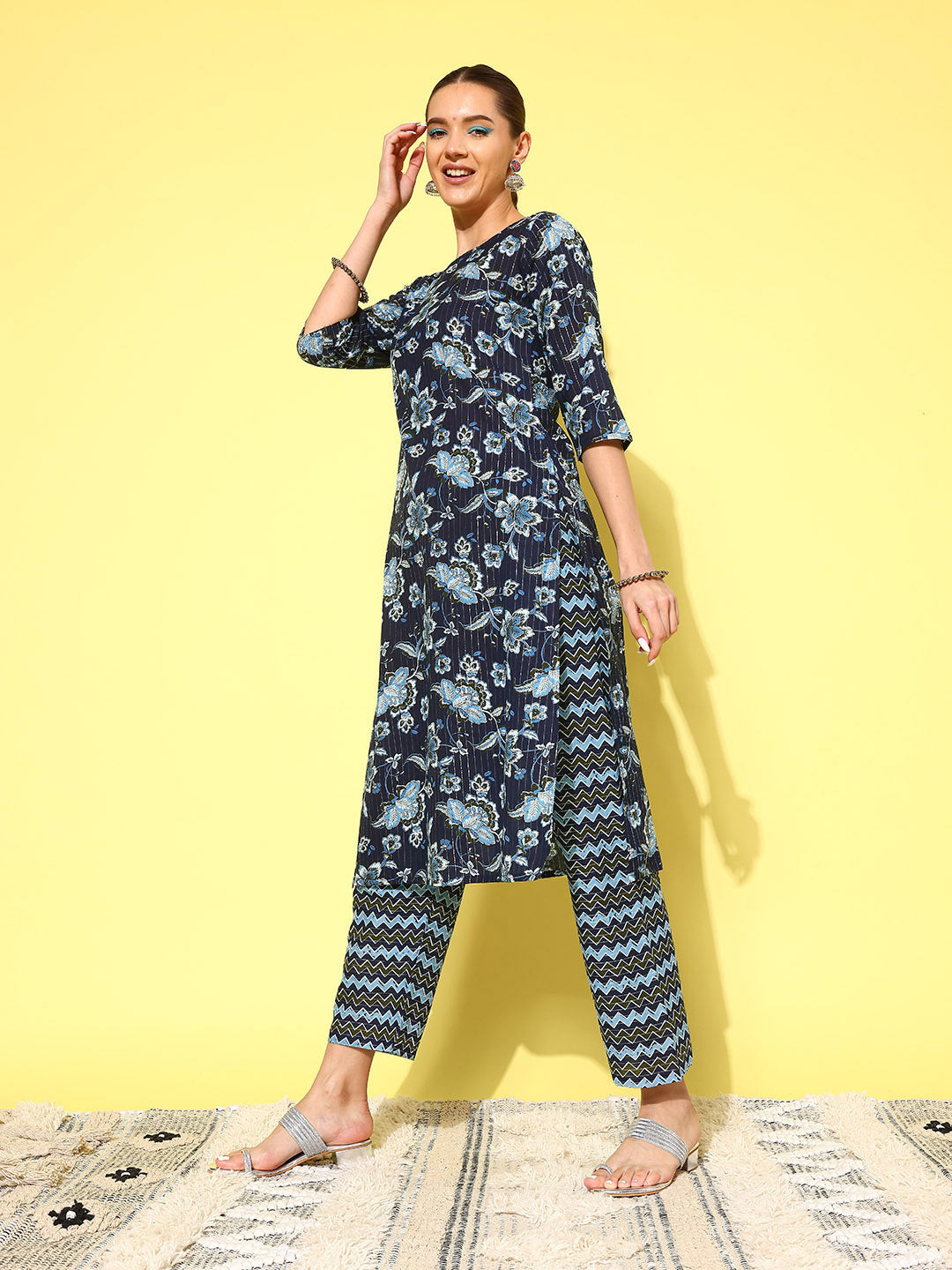 Indigo Blue Floral Printed Flared Kurta With Trouser And Dupatta
