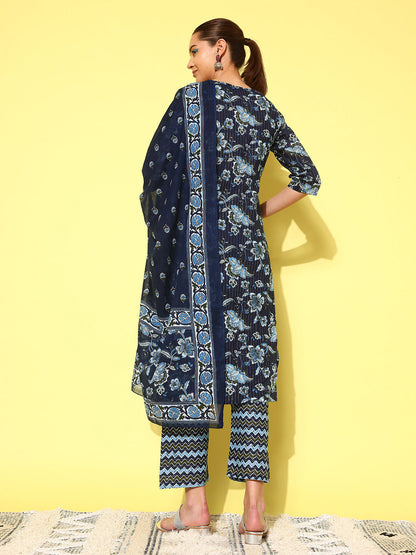 Indigo Blue Floral Printed Flared Kurta With Trouser And Dupatta