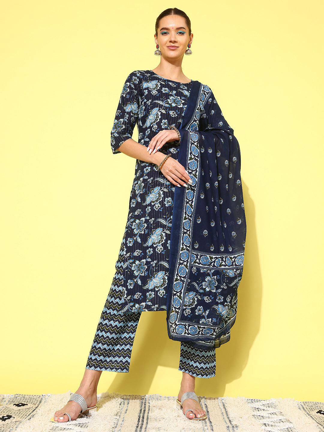 Indigo Blue Floral Printed Flared Kurta With Trouser And Dupatta