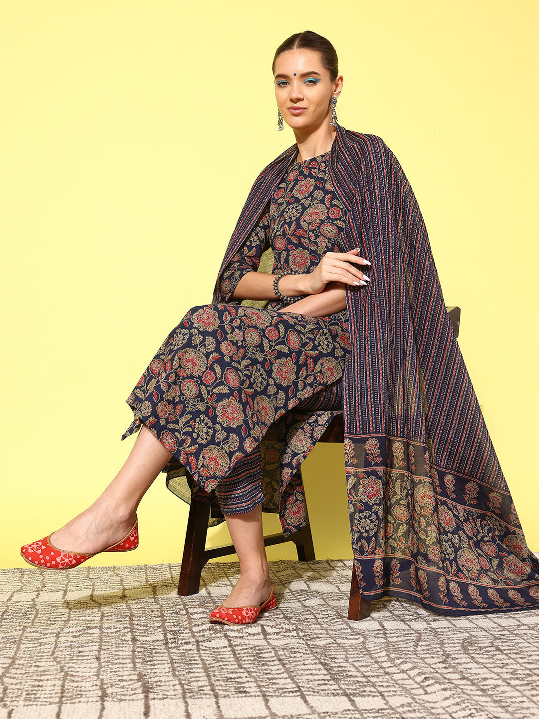 Blue Ethnic Printed Straight Kurta With Palazzo And Dupatta