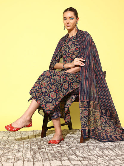 Blue Ethnic Printed Straight Kurta With Palazzo And Dupatta