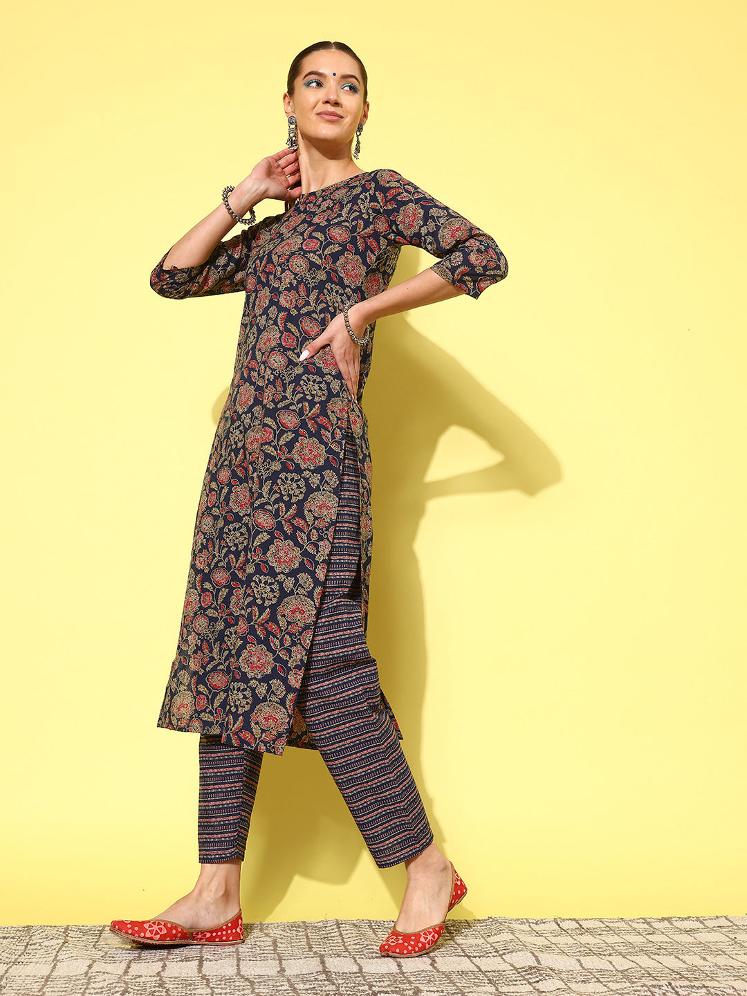 Blue Ethnic Printed Straight Kurta With Palazzo And Dupatta
