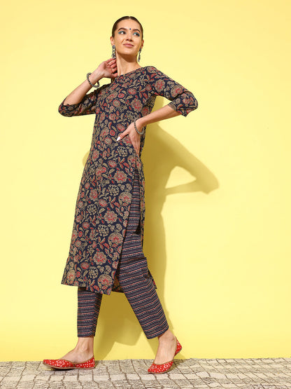 Blue Ethnic Printed Straight Kurta With Palazzo And Dupatta
