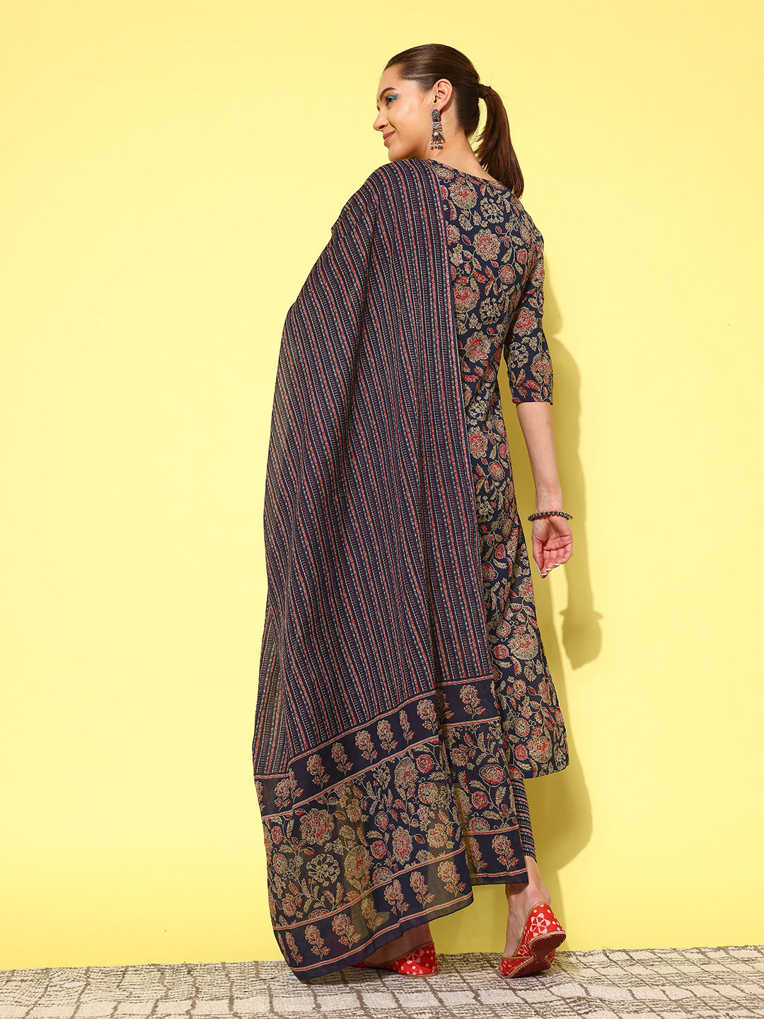 Blue Ethnic Printed Straight Kurta With Palazzo And Dupatta
