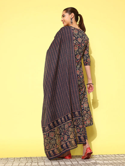 Blue Ethnic Printed Straight Kurta With Palazzo And Dupatta
