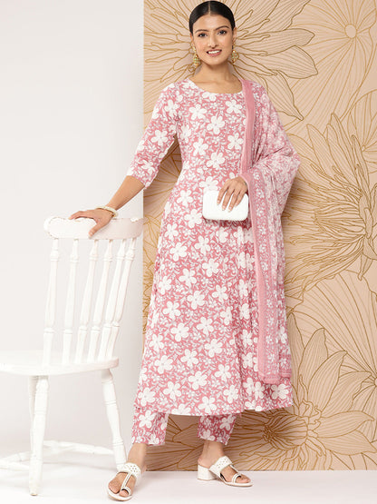 Mauve Printed Anarkali Kurta With Trouser And Dupatta