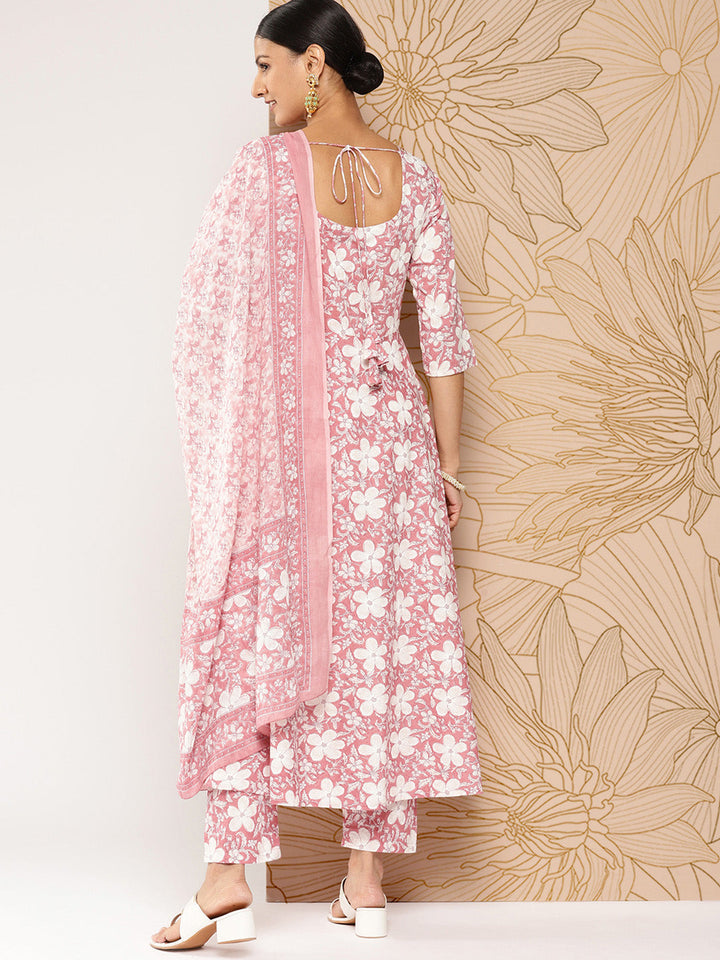 Mauve Printed Anarkali Kurta With Trouser And Dupatta